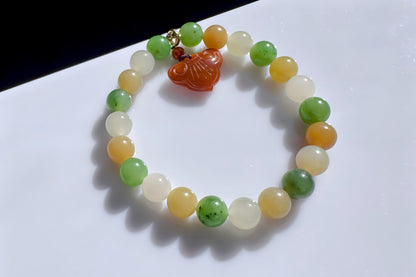 Natural High Grade Hetian Nephrite Beaded Bracelet, Multi-colored Nephrite Jade Bracelet, Nanhong Charm, 天然冰润高色阶和田玉多宝手串