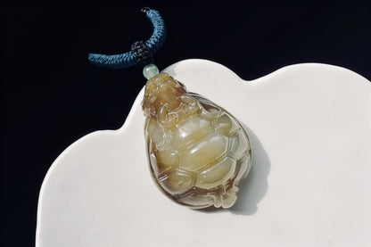 High Grade Natural Hetian Nephrite Hand Carved Dragon Turtle Pendant, Brown Sugar Nephrite Jade Dragon Turtle Pendant, 天然精品手工精雕糖白玉龙龟吊坠