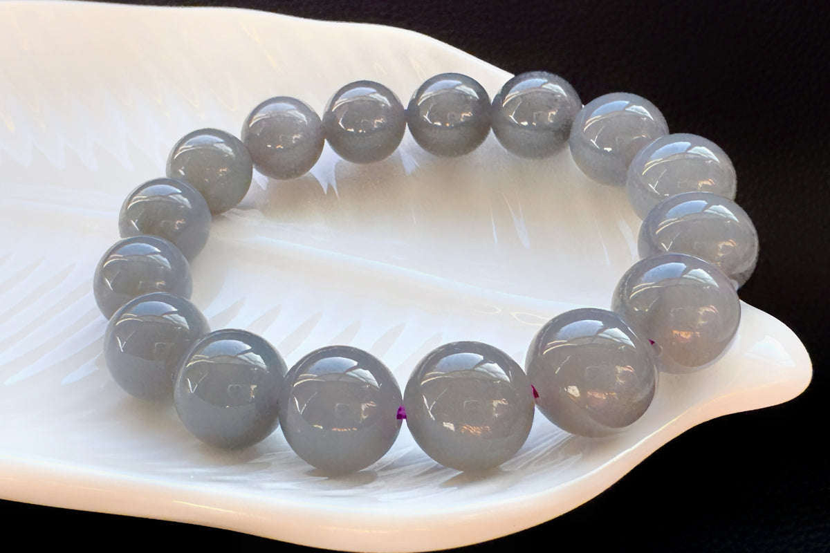 Certified Natural Smokey Gray Nephrite Jade Bracelet, Genuine Gray Nephrite Jade Bracelet, 天然青海料烟灰色软玉圆珠手串带证书