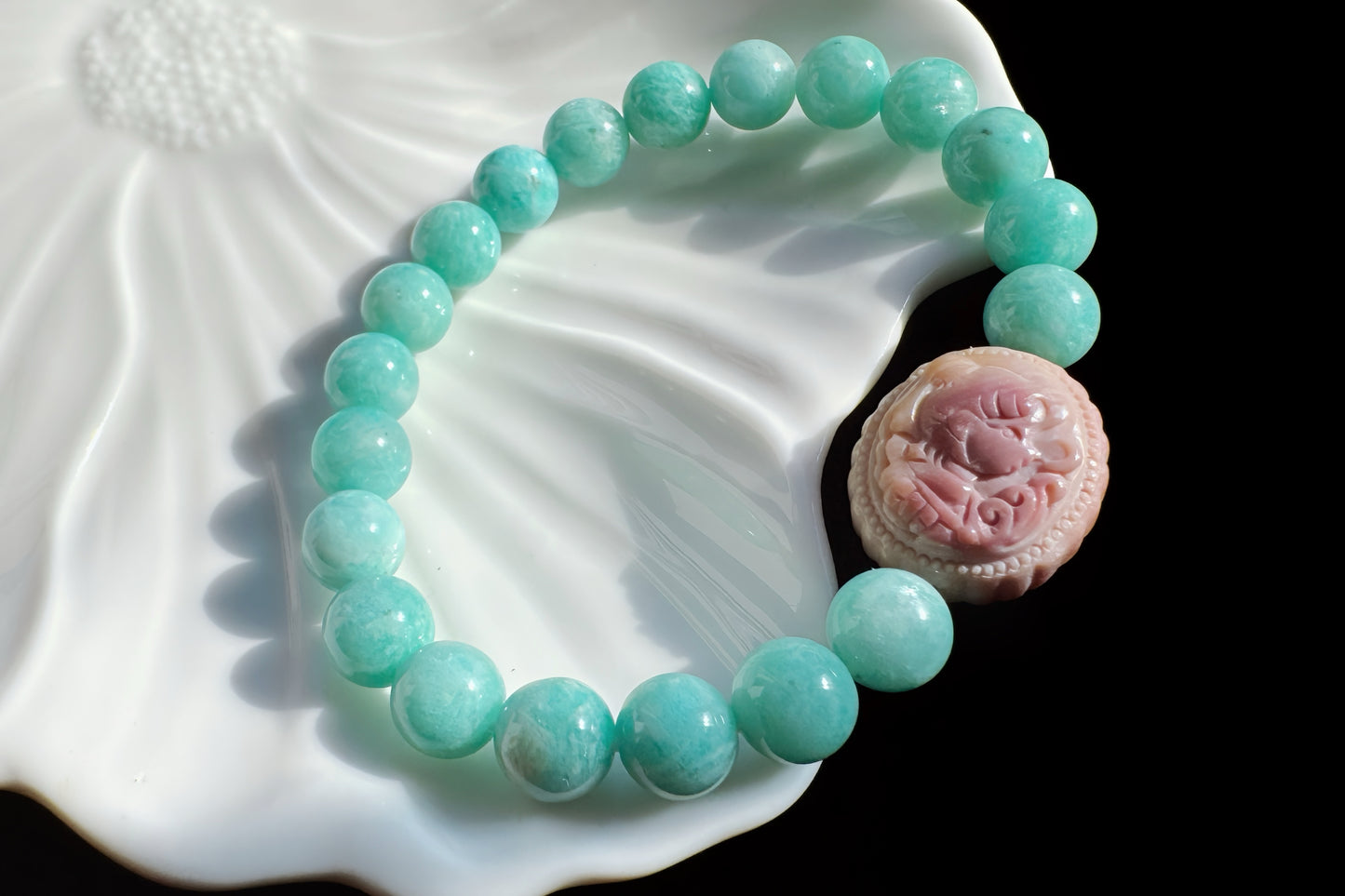 Natural Un-treated Amazonite Beaded Bracelet with Pink and yellow Alashan Sailor Moon, Amazonite Bracelet, 天然天河石手串搭配奶黄粉阿拉善水手月亮