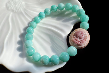 Natural Un-treated Amazonite Beaded Bracelet with Pink and yellow Alashan Sailor Moon, Amazonite Bracelet, 天然天河石手串搭配奶黄粉阿拉善水手月亮