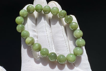 9mm Natural Dark Green Nephrite Beaded Bracelet, Untreated Chatoyancy Nephrite Jade Beads, 天然和田玉碧玉圆珠手串