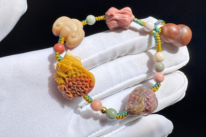 Natural Alashan Bracelet with Carved Alxa Onyx Charms, Hand Carved Top Grade Alashan Rocks, Handmade Alashan Bracelet, 天然全玉化阿拉善手工精雕配饰编绳手链