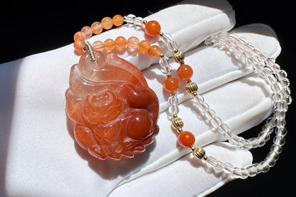 Top Grade Natural Red Rutilated Quartz Hand Carved Nine Tailed Fox Pendant, Carved Red Rutile Quartz, 天然原色正红发晶手工精雕九尾萌狐吊坠