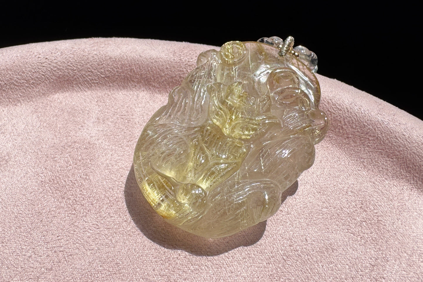 Natural Golden Rutile Quartz Hand Carved Nine Tailed Fox Pendant, Gold Rutilated Quartz Fox Pendant Necklace, 天然茶体金发晶手工精雕九尾狐吊坠