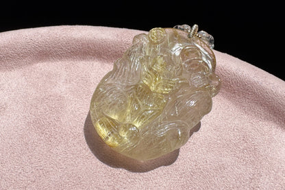 Natural Golden Rutile Quartz Hand Carved Nine Tailed Fox Pendant, Gold Rutilated Quartz Fox Pendant Necklace, 天然茶体金发晶手工精雕九尾狐吊坠