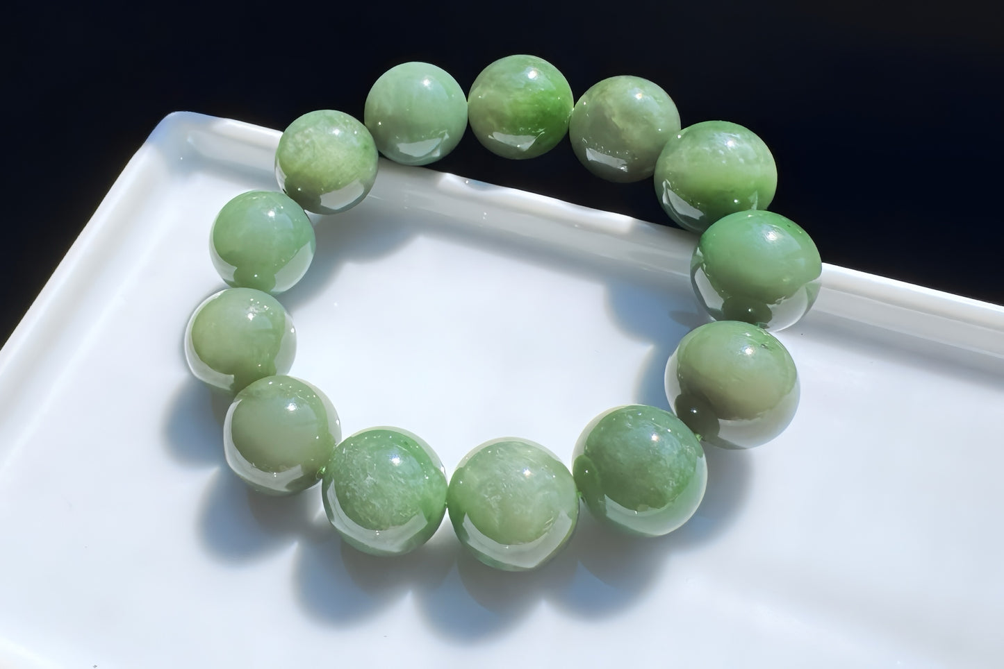 15mm Natural Chunky Green Nephrite Beaded Bracelet, Untreated Nephrite Jade Beads, 天然和田玉碧玉圆珠手串
