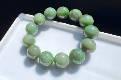 15mm Natural Chunky Green Nephrite Beaded Bracelet, Untreated Nephrite Jade Beads, 天然和田玉碧玉圆珠手串