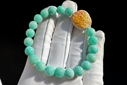 Natural Un-treated Amazonite Beaded Bracelet with Pink and yellow Alashan Sailor Moon, Amazonite Bracelet, 天然天河石手串搭配奶黄粉阿拉善水手月亮