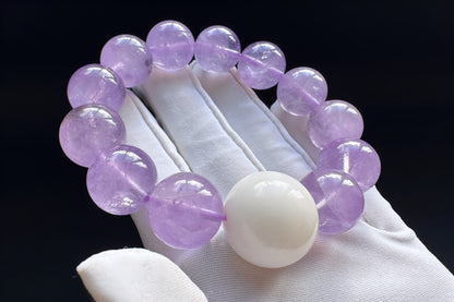 15mm Natural Lavender Amethyst Bracelet, Genuine Tridacna Bead Bracelet 20mm, Large Gemstone Statement Jewelry, Purple Crystal Bracelet