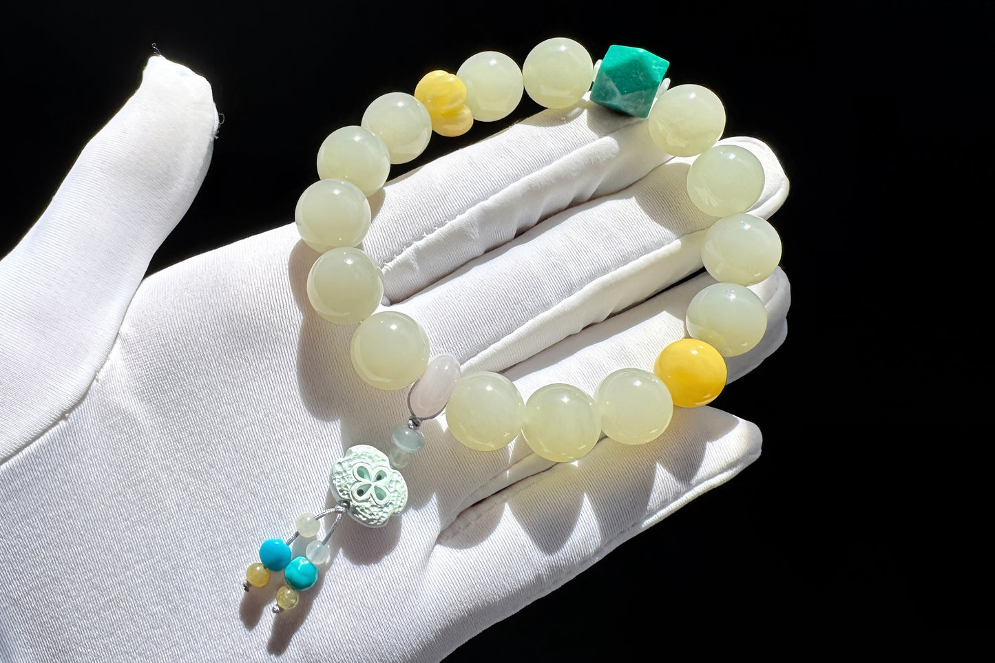 Natural Nephrite Bracelet with Faceted Turquoise, High Grade Nephrite Jade Bracet, Designer Jade Bracelet, 天然奶油晴白和田玉配松石蜜蜡