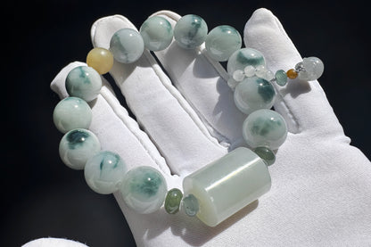12mm Natural Grade A Jadeite Jade Bracelet with Blue Hetian Nephrite Jade Barrel, Blue Jadeite Jade with floating Blue flowers, 天然缅甸A货糯蓝底飘蓝花翡翠手串配糖玉