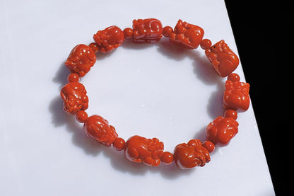 Certified Natural Untreated Nanhong Agate Bracelet, Carved Southern Red Agate PiXiu Bead Bracelet, Nanhong PiXiu, 天然无烤满色满肉凉山南红雕刻貔貅手串