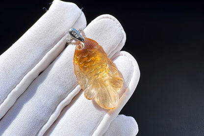 Certified Gem Grade Brazilian Citrine Hand Carved Fish Pendant, Citrine Fish Necklace, 天然极品巴西黄手工精雕小鱼吊坠