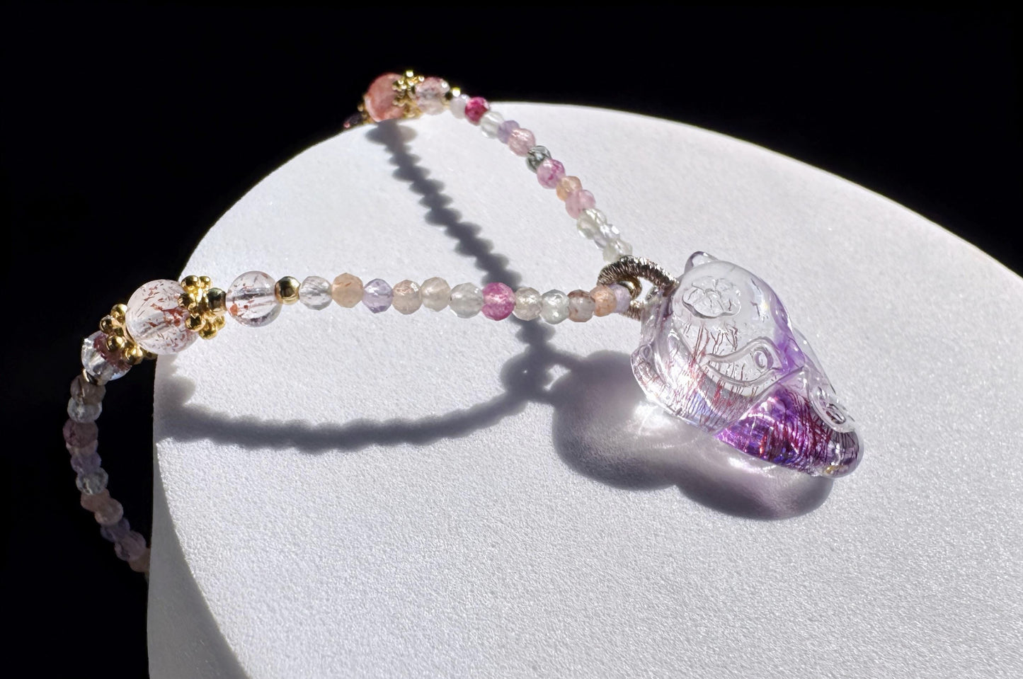 High Grade Natural Super Seven Hand Carved Fox Pendant, Super Seven Crystal Fox Necklace, 天然精品超级七手工雕刻九尾狐吊坠