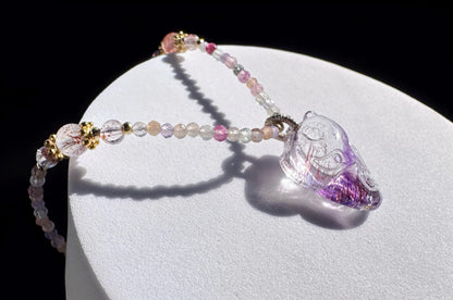 High Grade Natural Super Seven Hand Carved Fox Pendant, Super Seven Crystal Fox Necklace, 天然精品超级七手工雕刻九尾狐吊坠