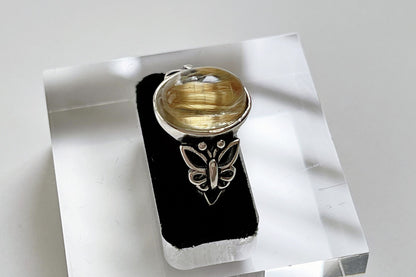 Top Grade Natural Golden Rutile Quartz Ring S925 Setting, Natural Golden Rutilated Quartz Ring, 天然钛晶板钛猫眼戒指925纯银戒托