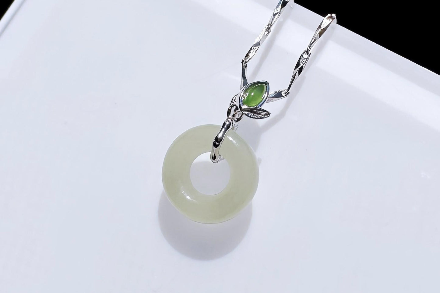 Small Natural White Nephrite Safe and Sound Pendant in S925 Silver Bamboo Shape Setting, White Green Nephrite Jade Pendant, 天然白玉平安无事牌竹节吊坠