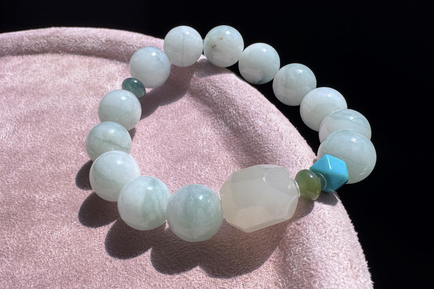 12mm Natural Grade A Jadeite Jade Bracelet with Mutton Fat Nephrite Jade, Blue Turquoise, Blue Jadeite Jade, 天然缅甸A货蓝底绿花翡翠细糯种手串羊脂白玉绿松