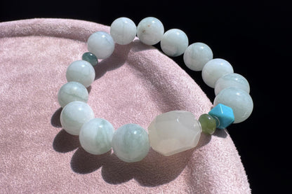 12mm Natural Grade A Jadeite Jade Bracelet with Mutton Fat Nephrite Jade, Blue Turquoise, Blue Jadeite Jade, 天然缅甸A货蓝底绿花翡翠细糯种手串羊脂白玉绿松