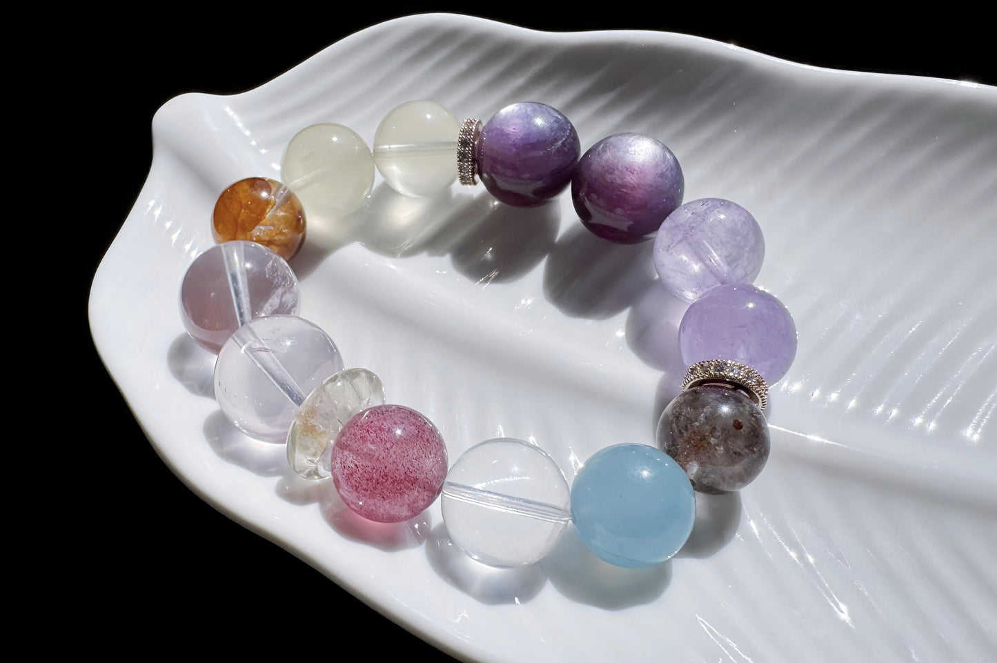 Natural Multi-gemston Bracelet, Rose Quartz Aquamarine Beaded Bracelet, 天然猫眼紫锂辉搭配海蓝宝粉晶葡萄石手串