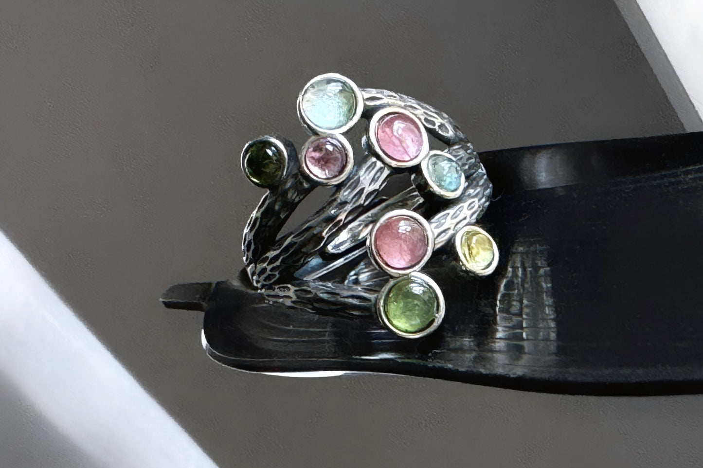 Natural Rainbow Tourmaline in Premium S925 Thick Silver Handmade Ring, Mermaid Tourmaline Ring, 天然巴西老料美人鱼色系碧玺肌理枝条S925厚银戒指