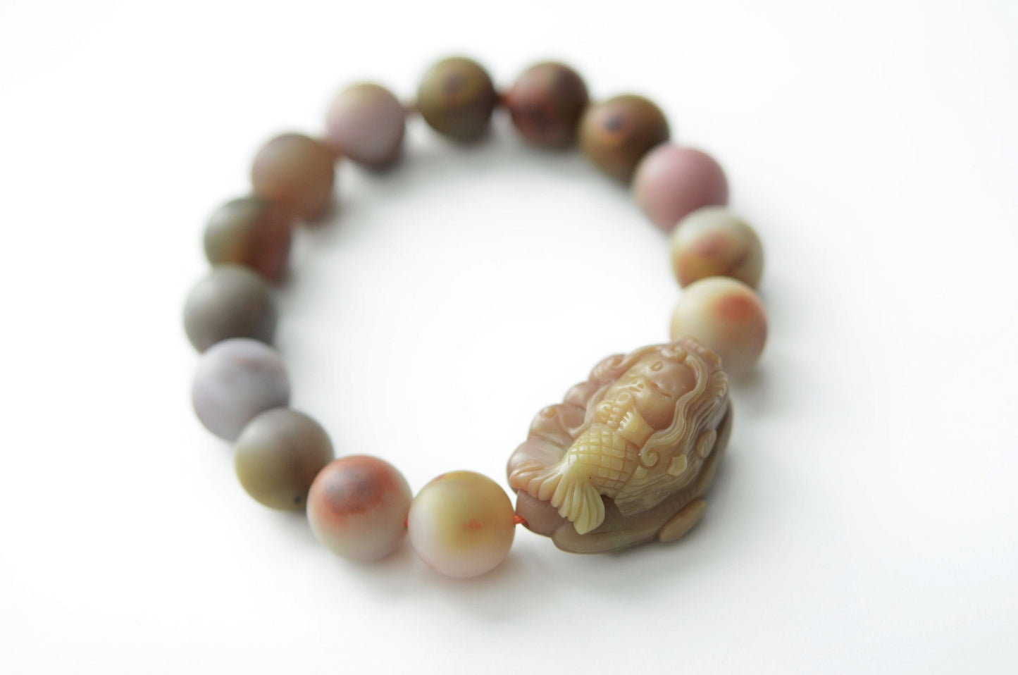 Natural Raw Yan Yuan Agate with Stone Skin Beaded Bracelet and Hand Carved Yan Yuan Agate Mermaid, 原矿包浆盐源手串搭配手工雕刻盐源美人鱼
