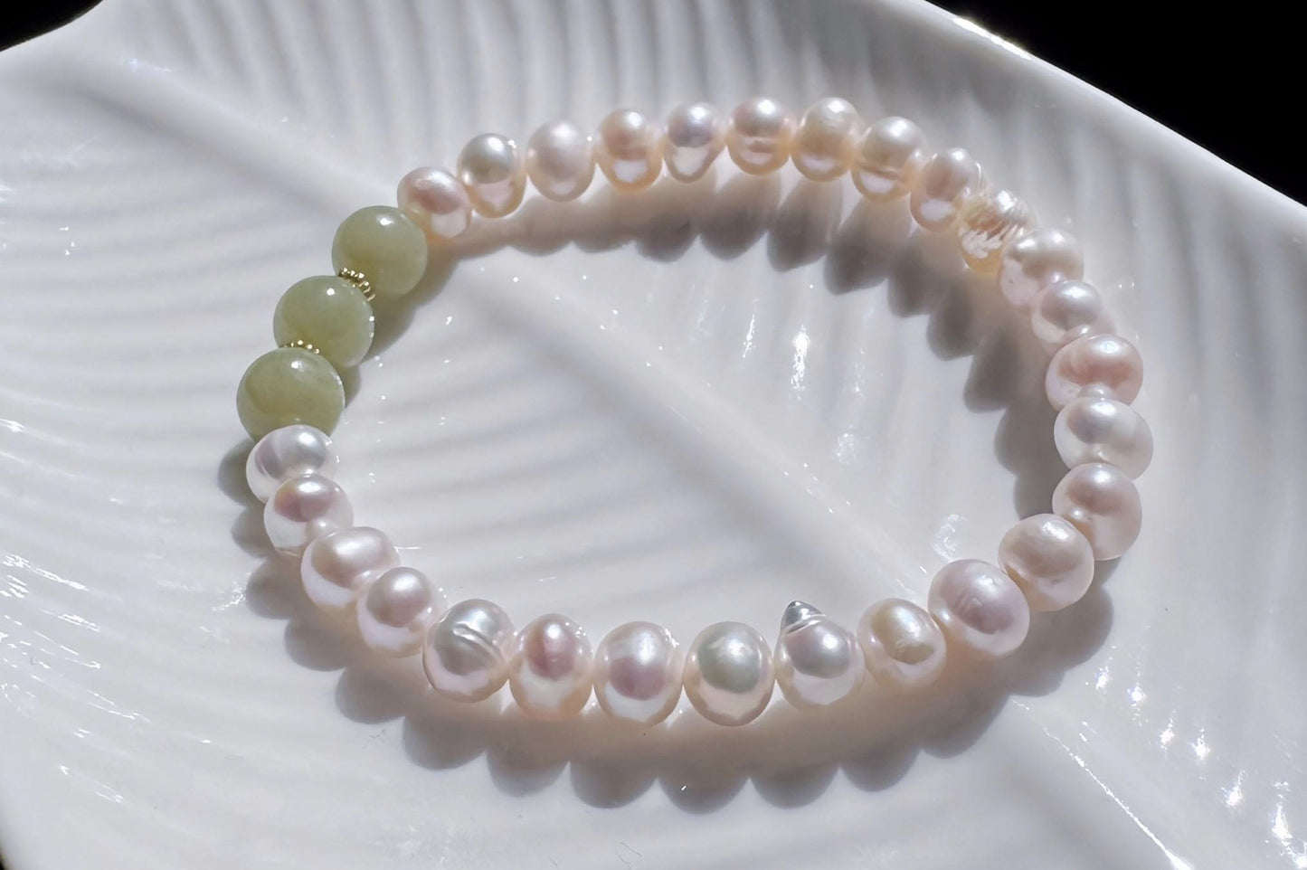 Natural Green Nephrite Jade with Freshwater Pearl Beaded Bracelet, Pearl Bracelet, 天然淡水珍珠搭配玉圆珠手串