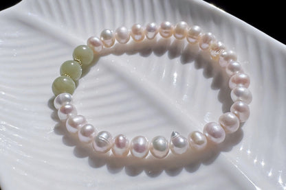 Natural Green Nephrite Jade with Freshwater Pearl Beaded Bracelet, Pearl Bracelet, 天然淡水珍珠搭配玉圆珠手串
