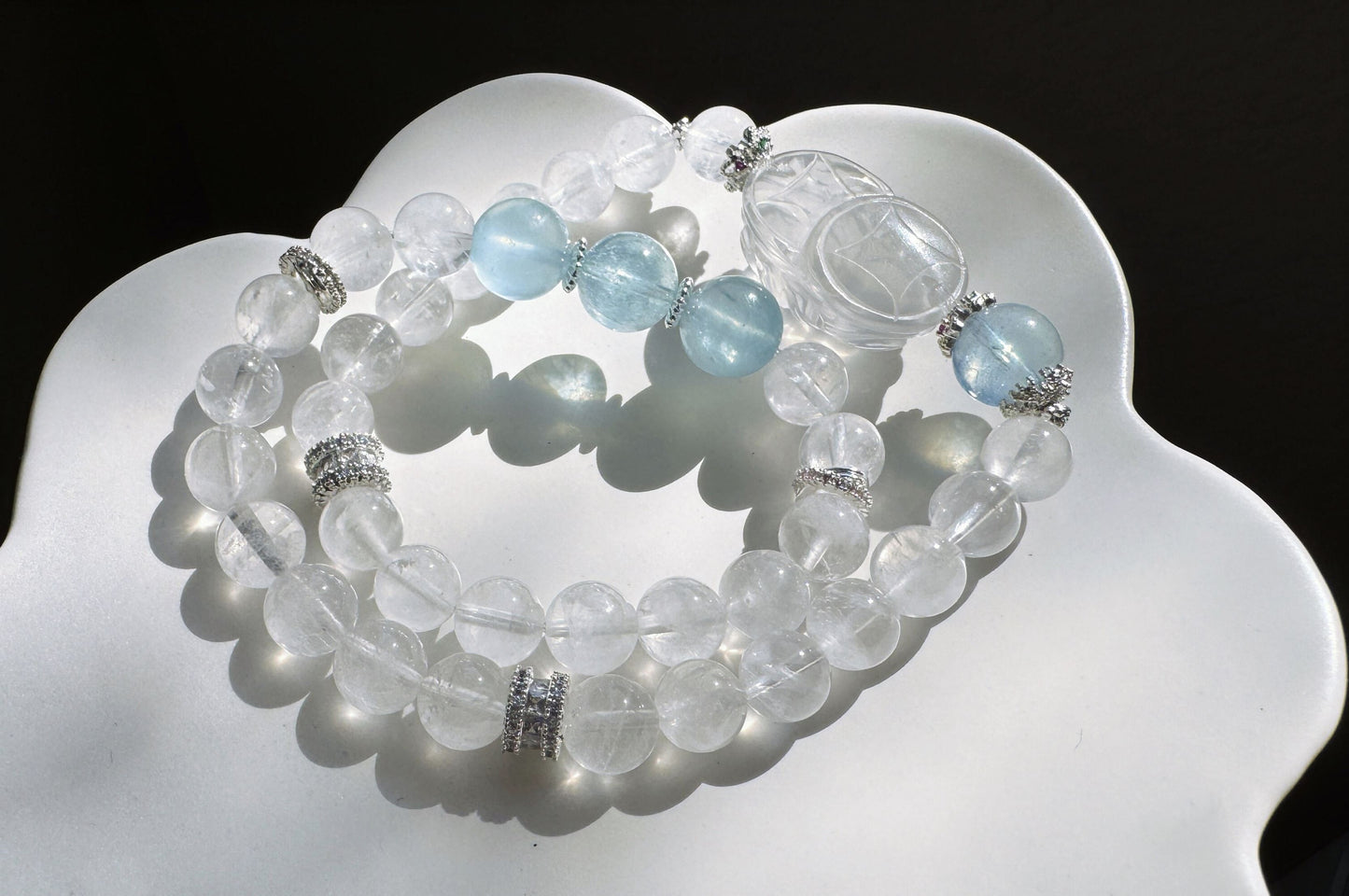 Rare Natural Blue Rabbit Hair Rutile Quartz Carved Nine Tailed Fox with Aquamarine and White Phantom Bracelet, 天然蓝兔毛九尾趴趴狐海蓝宝白幽灵手串