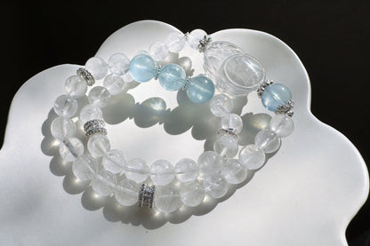 Rare Natural Blue Rabbit Hair Rutile Quartz Carved Nine Tailed Fox with Aquamarine and White Phantom Bracelet, 天然蓝兔毛九尾趴趴狐海蓝宝白幽灵手串