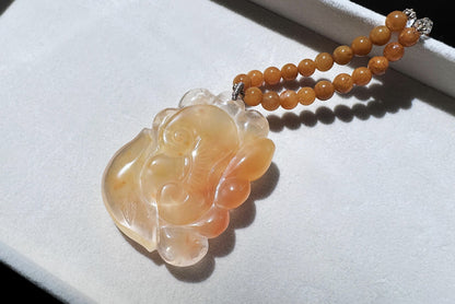 Top Grade Natural Yellow Rabbit Hair Quartz Hand Carved Nine Tailed Fox Pendant Necklace, 天然精品黄兔毛水晶手工精雕九尾狐吊坠