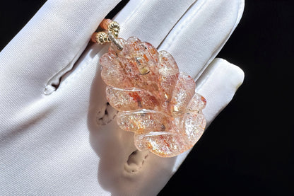 Natural Arusha Sunstone Hand Carved Nine Tailed Fox Pendant, Carved Confetti Sunstone Fox, 天然阿鲁沙水晶手工雕刻九尾狐双狐吊坠