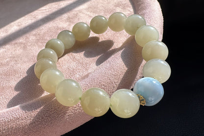 Natural Nephrite Beaded Bracelet with Dominican Larimar Bead, Nephrite Jade Bracelet, 天然软玉手串搭配海纹石