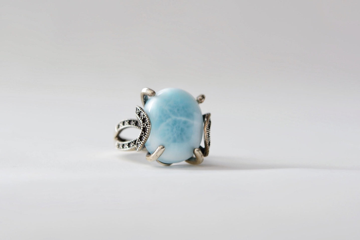 Natural Dominican Blue Larimar In 925 Silver Ring, 天然多米尼加海纹石镶嵌925银戒指