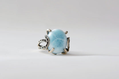 Natural Dominican Blue Larimar In 925 Silver Ring, 天然多米尼加海纹石镶嵌925银戒指