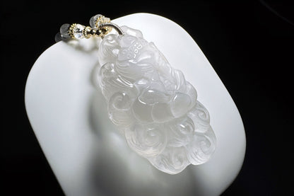 Large Natural White Rabbit Hair Quartz Hand Carved Nine Tailed Fox Pendant, High Grade White Rabbit Hair Necklace, 天然精品白兔毛手工精雕九尾狐吊坠