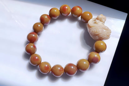 Natural Alashan Rock Beaded Bracelet with Hand Carved Alashan Nine Tailed Fox and Rabbit Charm, 天然老矿料阿拉善圆珠搭配手工精雕原矿阿拉善九尾狐