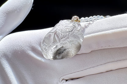 Natural Brookite Silver Rutilated Quartz Hand Carved Nine Tailed Fox Pendant, Silver Rutile Titanium Quartz Fox, 天然黑银钛晶手工精雕九尾狐吊坠