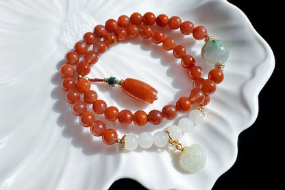 Natural Nanhong Southern Red Agate Design Bracelet, Nanhong Agate Bracelet with Jadeite Jade and White Nephrite, 天然原创南红设计手串搭配乌鸡翡翠和田白玉