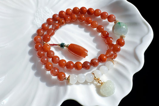 Natural Nanhong Southern Red Agate Design Bracelet, Nanhong Agate Bracelet with Jadeite Jade and White Nephrite, 天然原创南红设计手串搭配乌鸡翡翠和田白玉