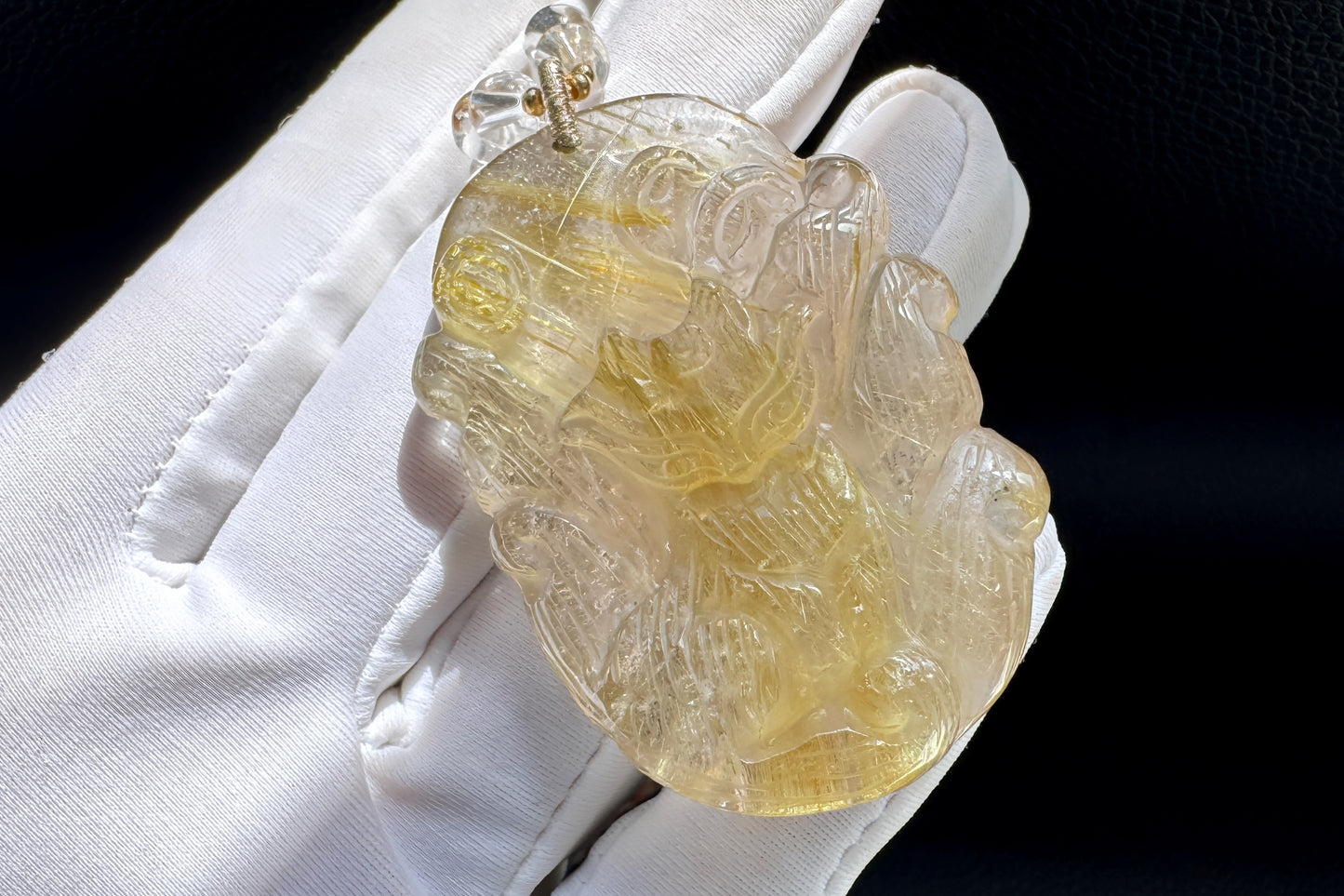 Natural Golden Rutile Quartz Hand Carved Nine Tailed Fox Pendant, Gold Rutilated Quartz Fox Pendant Necklace, 天然茶体金发晶手工精雕九尾狐吊坠
