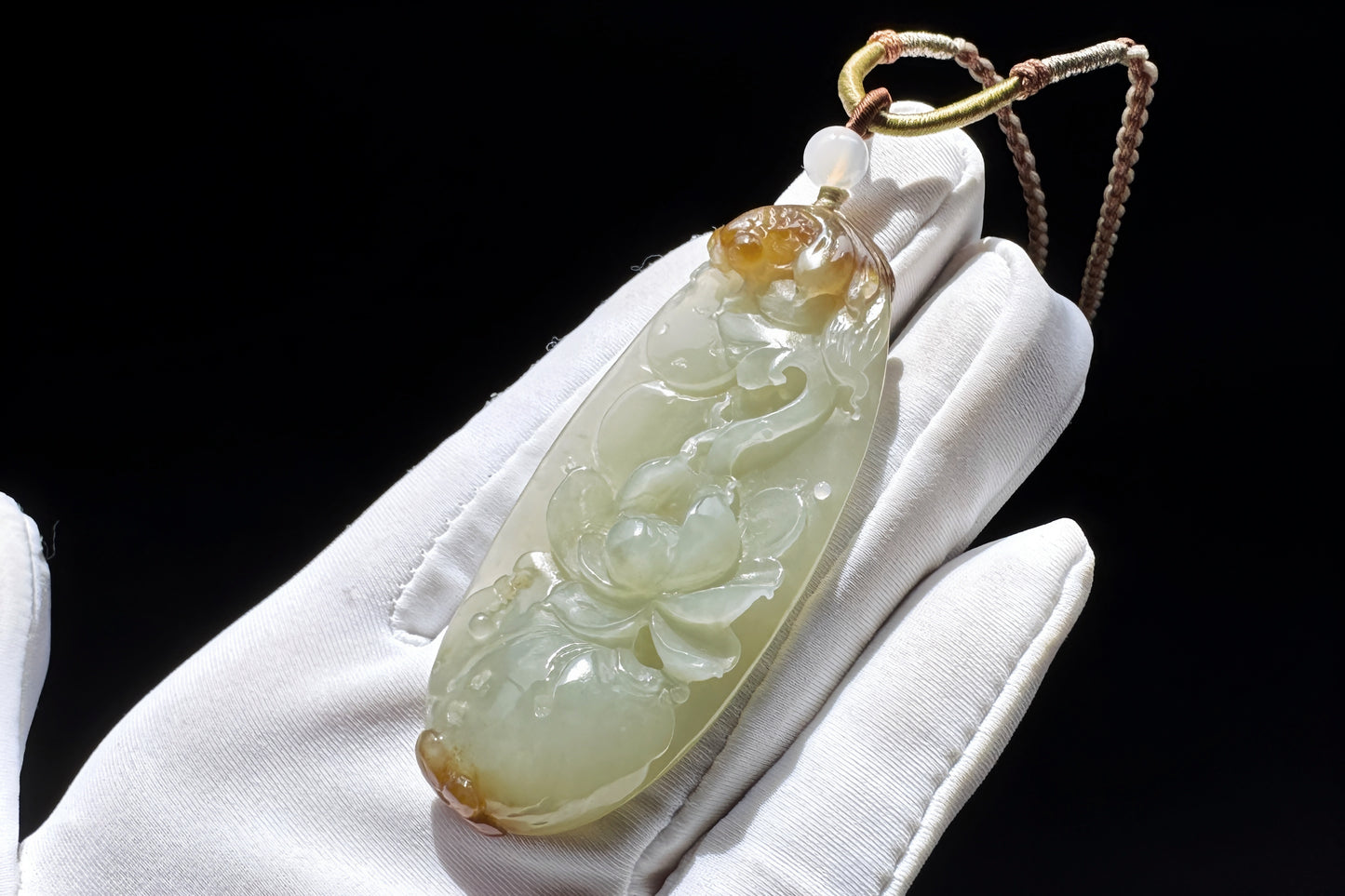 Certified Natural Hetian Sugar Brown Nephrite Hand Carved Koi Fish and Lotus Glower Pendant, 天然糖青白玉手工雕刻鱼戏荷莲吊坠天地糖