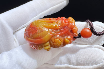 Certified High Grade Natural Nanhong Hand Carved Dragon Turtle Pendant, Yellow Nanhong Dragon Turtle Pendant, 天然黄皮包浆南红手工精雕龙龟吊坠
