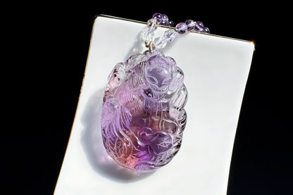 Large Naturual Amethyst Pendant Hand Carved Nine Tailed Fox and Phoenix, Brazilian Amethyst Fox and Phoenix Necklace, 天然巴西紫水晶手工雕刻九尾凤凰吊坠