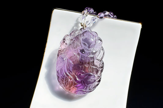 Large Naturual Amethyst Pendant Hand Carved Nine Tailed Fox and Phoenix, Brazilian Amethyst Fox and Phoenix Necklace, 天然巴西紫水晶手工雕刻九尾凤凰吊坠