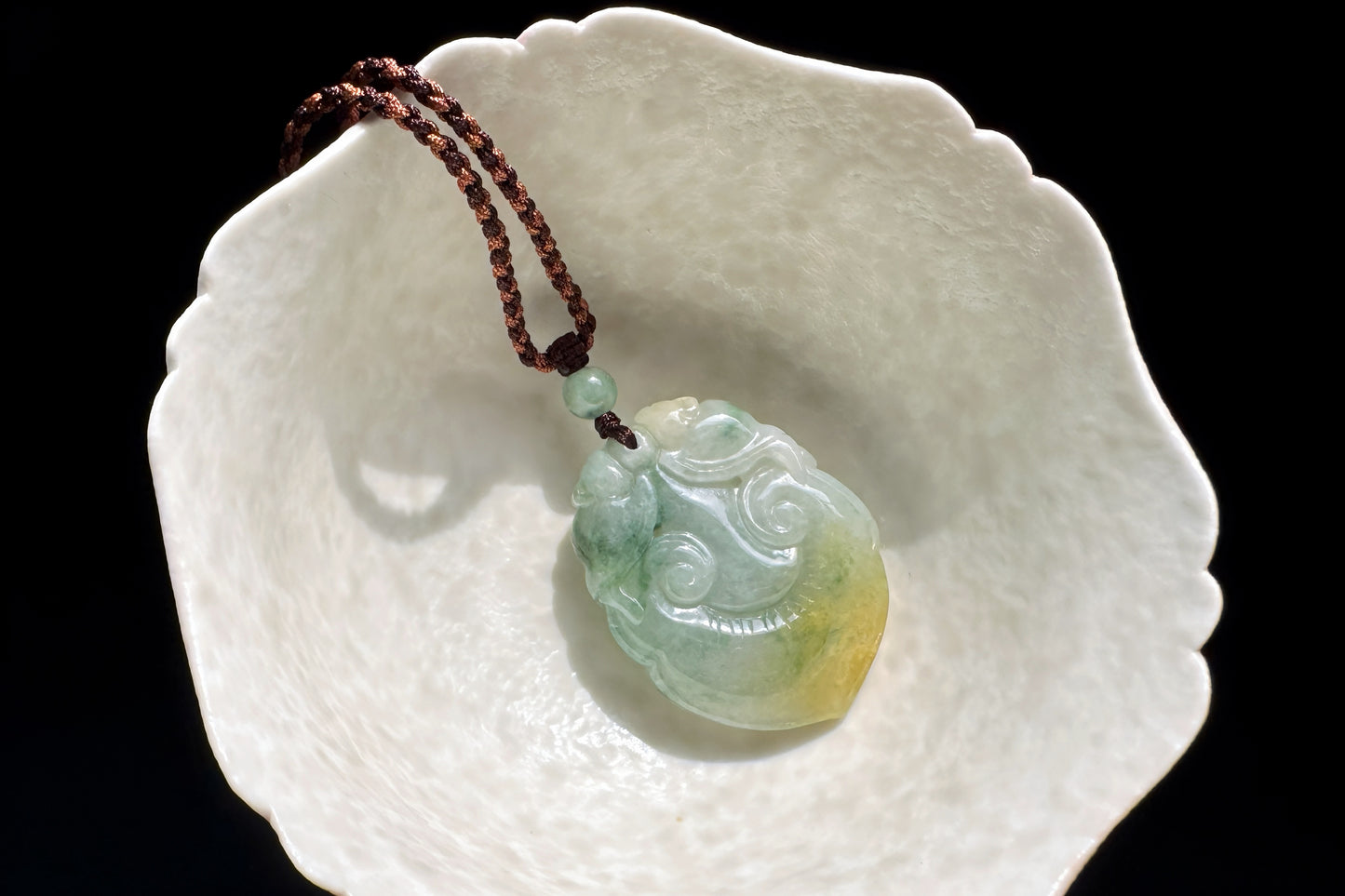 Certified Grade A Jadeite Jade Hand Carved Ruyi Pendant, Natural Carved Jade Pendant Necklace, 天然缅甸A货老坑冰润飘花黄绿双彩如意翡翠吊坠
