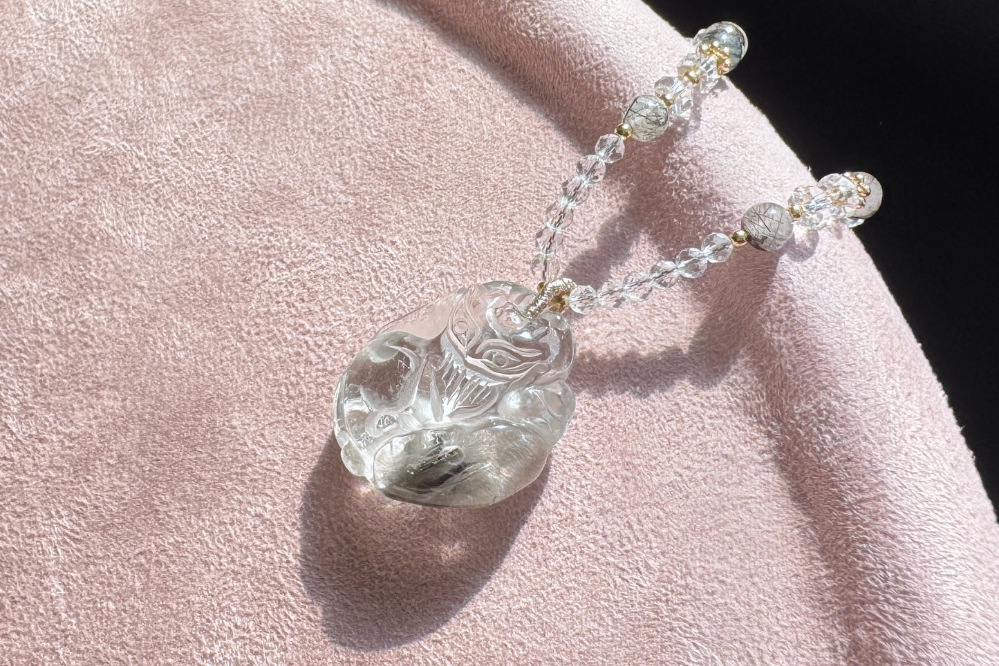 Natural Brookite Silver Rutilated Quartz Hand Carved Nine Tailed Fox Pendant, Silver Rutile Titanium Quartz Fox, 天然黑银钛晶手工精雕九尾狐吊坠