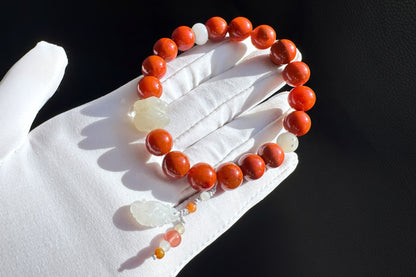 Natural High Grade Nanhong Agate Beaded Bracelet, Bracelet made with Nanhong, Nephrite, jadeite jade, 天然南红玛瑙瓦西锦红圆珠手串搭配和田玉并蒂莲A货翡翠如意