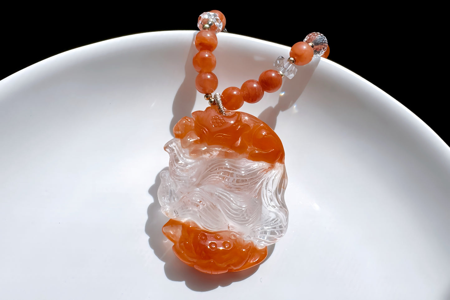 Hand Carved Natural Red Rabbit Hair Quartz Nine Tailed Fox Pendant, High Grade Red Rabbit Hair Necklace, Unique Crystal Fox, 手工精雕精品红兔毛九尾狐吊坠
